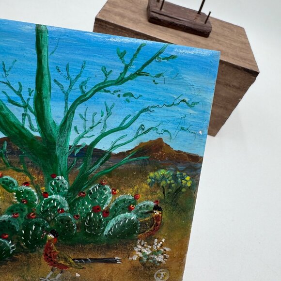 Prickly pear road runner painted tile southwest Arizona scene blue sky small tin - Picture 8 of 16